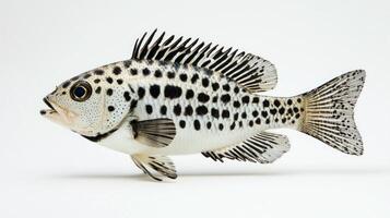 Spotted Drum known for its striking black and white patterns is prominently displayed on a white background highlighting its unique features and shape. photo