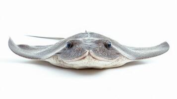 stingray Dasyatidae is isolated on a white background displaying its flat body shape distinctive fins and eyes emphasizing its unique characteristics. photo