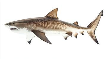 detailed representation showcases the distinctive appearance of the Tiger Shark known for its unique markings and features. The subject emphasizes the species anatomy and characteristics. photo