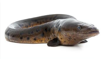 electric eel a fascinating species known as Electrophorus electricus is displayed against a white background highlighting its distinct appearance and biology. photo