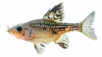 vibrant Emerald Corydoras swims gracefully its distinct emerald coloration and unique markings visible against the clean white backdrop highlighting its aquatic beauty. photo