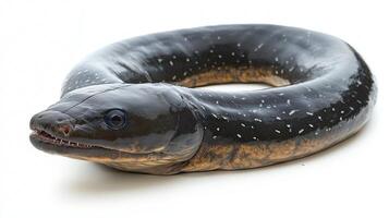 striking electric eel is presented on a clean white background highlighting its elongated body and distinctive coloration. The species is known for its ability to generate electricity. photo