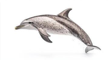 striking Atlantic Spotted Dolphin is captured in mid leap showcasing its unique spotted pattern and graceful movement against a pristine white backdrop. photo