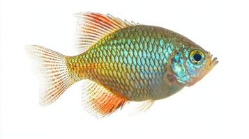 stunning Dwarf Gourami displays a spectrum of colors featuring iridescent scales and elegant fins. This freshwater fish stands out beautifully against the white backdrop. photo