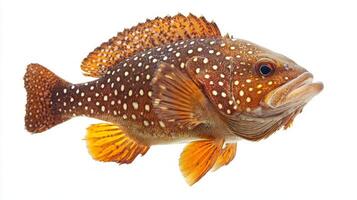 Gag Grouper exhibits stunning colors and intricate patterns swimming gracefully in a brightly lit space highlighting its natural beauty. photo