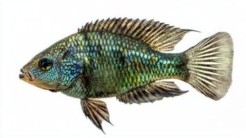 striking Green Terror Cichlid swims gracefully displaying its vivid green blue and black scales. The fishs intricate patterns stand out distinctly against a pure white backdrop. photo