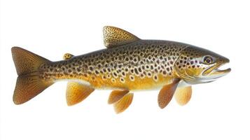 Lake Trout known for its striking colors and patterns is displayed prominently against a white backdrop highlighting its distinct characteristics and beauty. photo