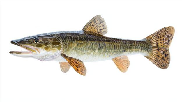 high resolution visual captures a Muskellunge a notable freshwater predator highlighting its elongated body and unique coloration against a white backdrop. photo