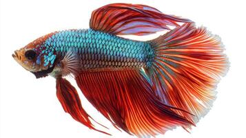 striking Siamese Fighting Fish displays its colorful scales and flowing fins swimming gracefully in isolation on a white backdrop emphasizing its beauty. photo