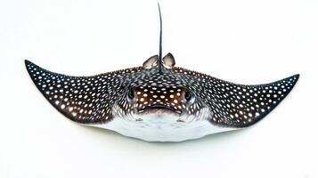 Spotted Eagle Ray is seen elegantly swimming with its large wings spread wide against a stark white background showcasing its unique spotted pattern and features. photo