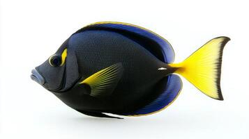 Surgeonfish swims gracefully displaying striking blue yellow and black patterns against a plain white backdrop. Its unique shape stands out beautifully. photo