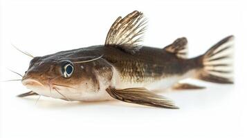 Otocinclus catfish is isolated on a white background allowing for a clear view of its unique body shape and striking details ideal for educational and reference purposes. photo