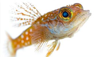 blenny fish features striking coloration and unique patterns highlighting its delicate fins and expressive eyes in stunning detail set against a clean white backdrop. photo