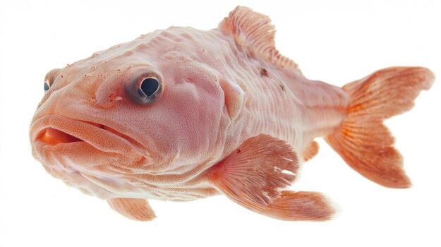 Blobfish floats serenely against a white backdrop showcasing its unusual form and coloration. This deep sea fish reveals the intriguing aspects of its anatomy. photo