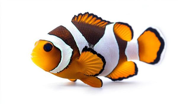 vibrant clownfish glides effortlessly displaying its striking orange and white stripes emphasizing its unique features against a white backdrop. photo