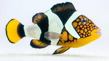 Clown Triggerfish swims elegantly through clear water displaying its striking patterned skin in bright yellow black and white against a white backdrop. photo