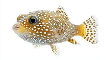 stunning pufferfish with intricate patterns and vibrant colors swims amidst a pristine white backdrop showcasing its unique features and textures beautifully. photo