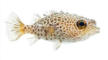 vibrant pufferfish displays its distinctive textured skin and spotted patterns swimming gracefully in a clean white environment capturing the essence of aquatic life. photo