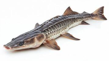 Sturgeon known for its elongated body and unique scale patterns is captured isolated on a white background highlighting its distinctive features. photo