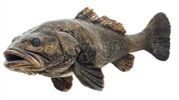 Atlantic Wolffish Anarhichas lupus presents its striking form and coloration while suspended in a white background highlighting its unique anatomy and behavior. photo