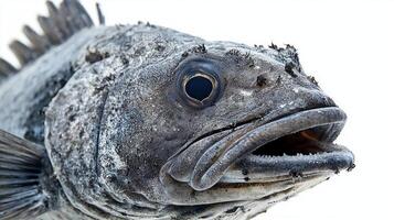 Atlantic Wolffish Anarhichas lupus displays its distinct characteristics emphasizing its textured skin and formidable jaw set against a clean white backdrop. photo