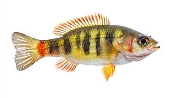 climbing perch Anabas testudineus is presented against a white backdrop highlighting its vibrant colors and unique physical characteristics including its striped pattern and fin structure. photo