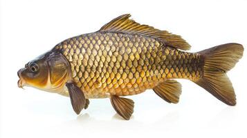 common carp known scientifically as Cyprinus carpio is displayed against a white background highlighting its unique scales and body shape. This freshwater species is widely recognized. photo