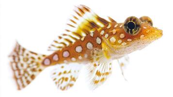 Dragonet Fish Callionymidae exhibits its striking coloration and patterns floating gracefully in isolation against a clean white backdrop highlighting its distinct characteristics. photo
