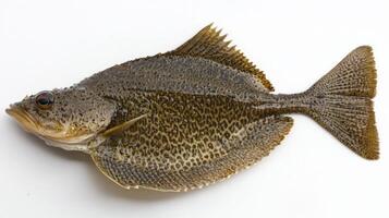 flatfish from the Pleuronectiformes order is presented with its distinct flattened body and patterned skin against a white background showcasing its marine characteristics. photo