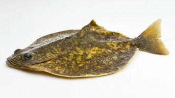 flatfish showcases its unique flattened body and patterns on a plain white surface highlighting the species features and textures clearly. photo