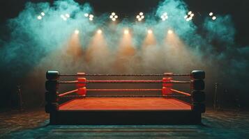 empty boxing ring awaits fighters with dim spotlights highlighting the thick smoke swirling around creating a tense and dramatic atmosphere perfect for a showdown. photo