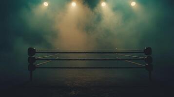 Thick smoke drifts across the boxing ring floor under dim lights highlighting the taut ropes and scuffed mat creating a suspenseful atmosphere for the upcoming bout. photo