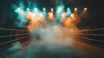 dramatic setting featuring a boxing ring surrounded by thick smoke with dim spotlights creating an intense atmosphere perfect for a Fight Night event photo
