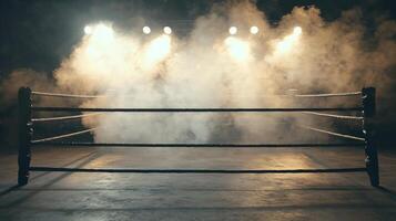 intense Fight Night unfolds in a boxing ring bathed in glowing spotlights. Shadows and drifting smoke enhance the dark atmosphere setting the stage for a thrilling match. photo