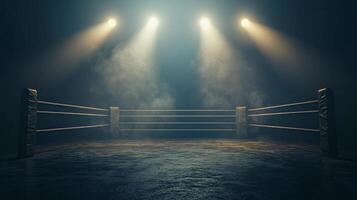 In a dimly lit boxing venue an empty ring awaits action as spotlights shine down through drifting smoke enhancing the dramatic electric feel of the setting. photo
