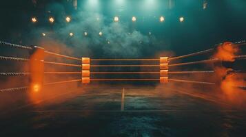 boxing ring glows under bright spotlights with smoke drifting across the mat. Shadows envelop the ropes creating an intense and dramatic Fight Night ambiance. photo