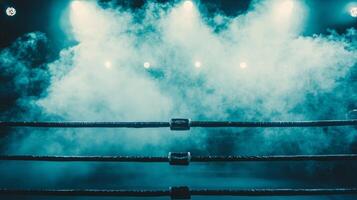 boxing ring is set under soft moody lighting with thick smoke swirling around enhancing the dramatic atmosphere before the match begins. photo