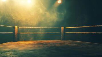 boxing ring is illuminated by glowing lights surrounded by shadows and drifting smoke setting a dark and intense atmosphere for an epic Fight Night event. photo