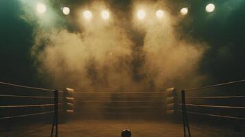 boxing ring awaits action enveloped in swirling smoke and highlighted by soft moody lighting. The taut ropes suggest anticipation for the upcoming match. photo