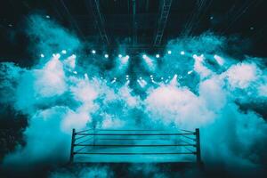 Under low key lighting a boxing ring stands ready for action highlighted by focused spotlights and surrounded by swirling smoke enhancing the anticipation of the upcoming bout. photo