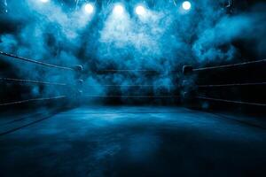 boxing ring bathed in low key lighting features swirling smoke around its ropes with spotlights emphasizing the space creating excitement and anticipation for the upcoming match. photo