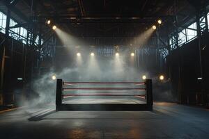 boxing ring stands illuminated by spotlights surrounded by swirling smoke. The low key lighting enhances the anticipation in the air setting an intense stage for the fight. photo