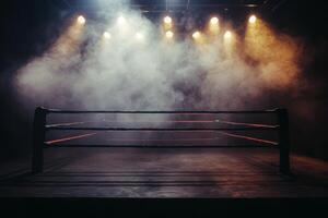 Fight Night boxing ring is set amidst a haze of smoke with soft lighting casting shadows on the mat and spotlights enhancing the electric atmosphere. photo