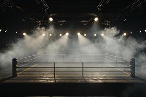 boxing ring stands illuminated in soft light surrounded by a haze. The glowing spotlights cut through the smoke creating an intense ambiance for an upcoming fight. photo