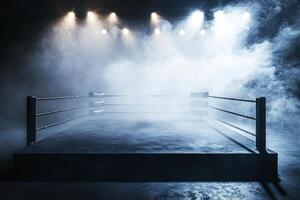 boxing ring is shrouded in smoke and illuminated by glowing spotlights casting dramatic shadows on the mat setting the stage for an intense match. photo