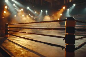 boxing ring stands illuminated by glowing spotlights surrounded by a cloud of haze that creates an intense and dramatic atmosphere perfect for fight night excitement. photo