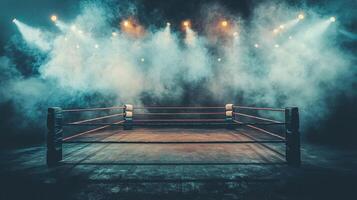 boxing ring stands ready for an electrifying night of matches surrounded by smoke and enveloped in dramatic lighting enhancing the air of excitement. photo