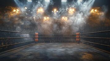 boxing ring awaits action enveloped in smoke and illuminated by striking spotlights creating a charged atmosphere filled with anticipation and excitement. photo