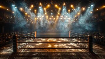epic boxing ring awaits action in a suspenseful environment enveloped by smoke with spotlights creating striking shadows emanating excitement and anticipation. photo