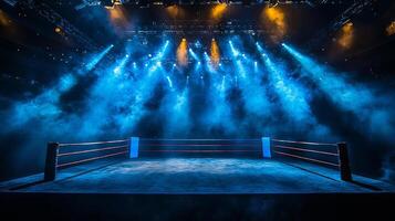 boxing ring is illuminated by dramatic spotlights with a cloud of smoke enveloping the area. The atmosphere is electric hinting at an intense showdown to come. photo